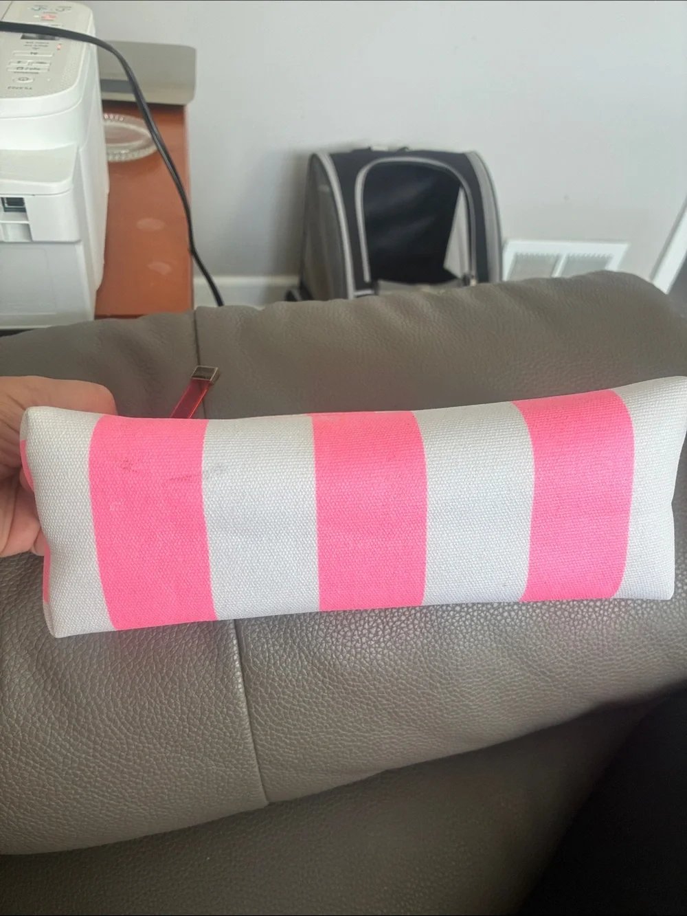 Victoria's Secret Neon Pink and White Signature Stripe Cosmetic Makeup Bag Pouch